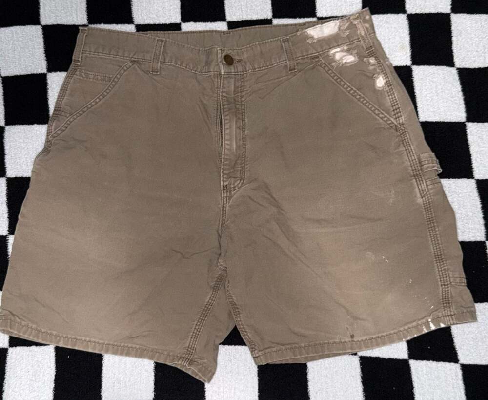 Carhartt B144 LBR Washed-Duck Work Shorts Size 36 Brown Distressed Paint